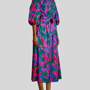 Lilly Pulitzer Pink Midi Sundress with Puff Sleeves for Wedding Guest